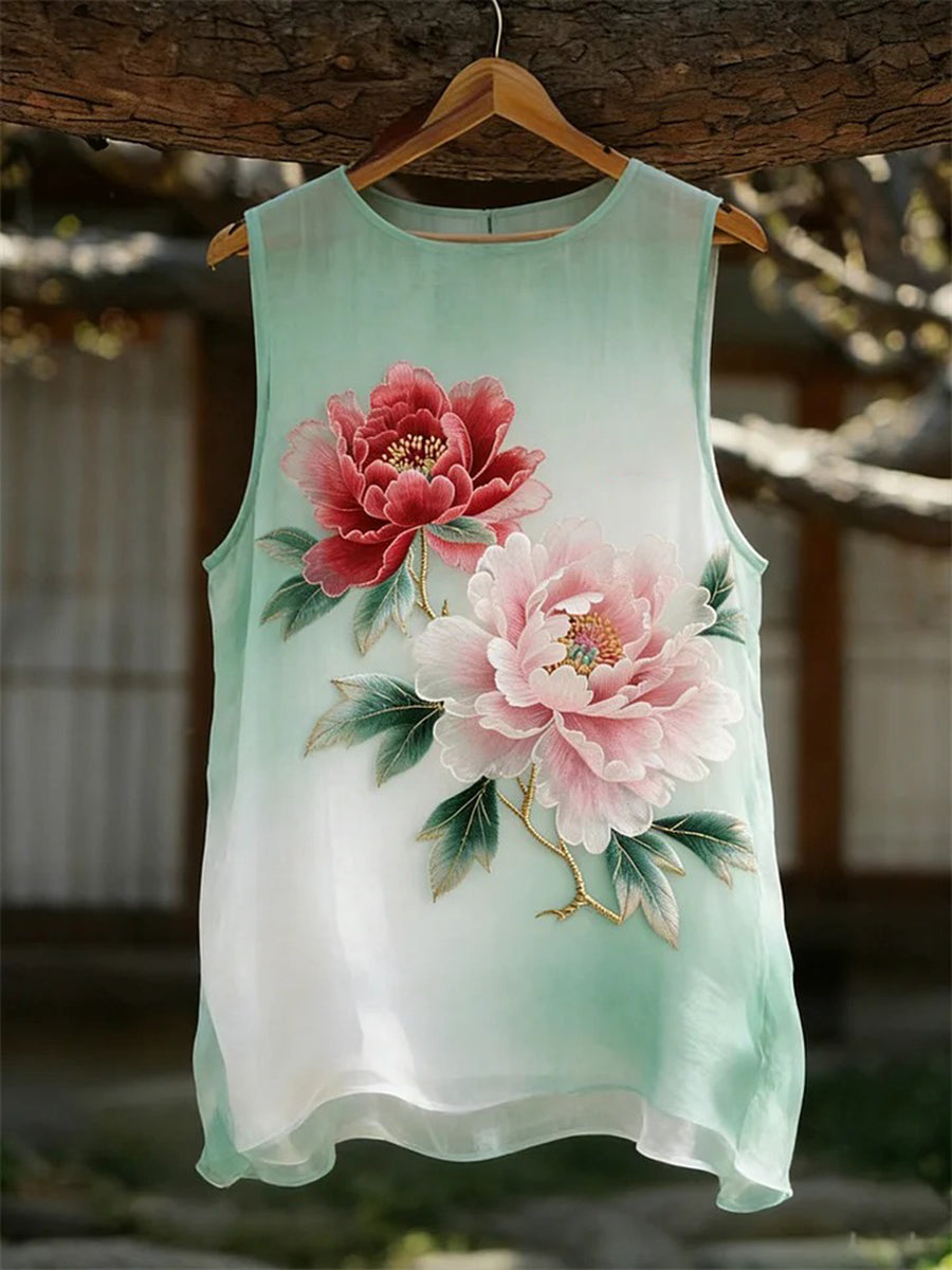 Women's Classy Peony Floral Pattern Cotton Linen Top