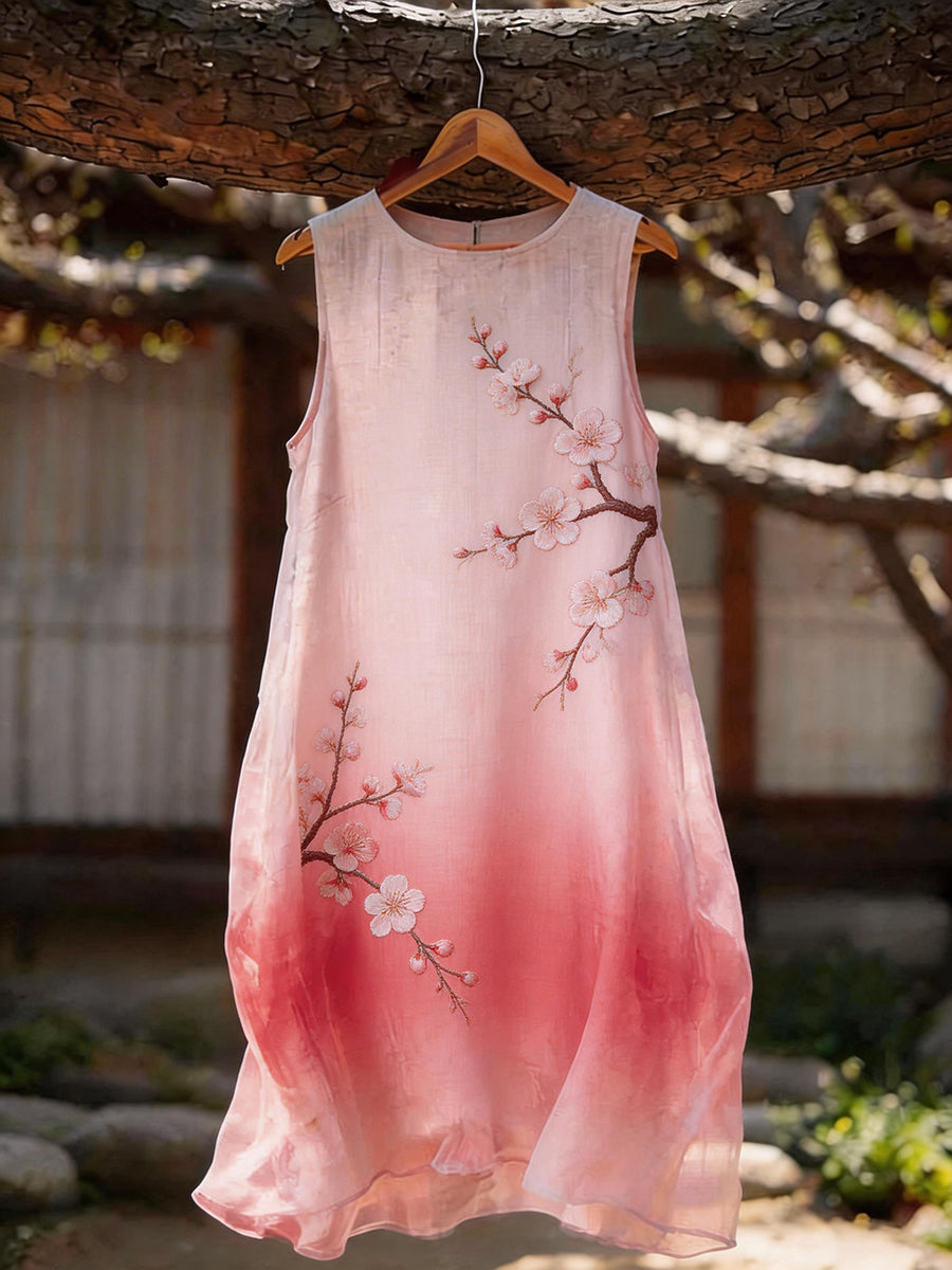 Women's Classy Cherry Blossom Embroidery Pattern Flowy Dress