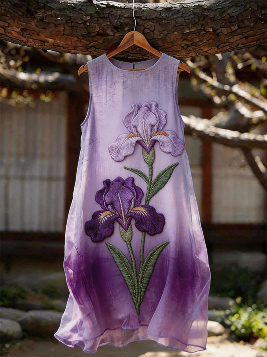 Women's Classy Iris Embroidery Pattern Flowy Dress
