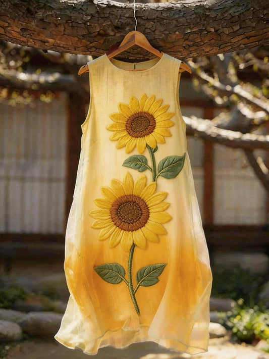 Women's Classy Sunflower Embroidery Pattern Flowy Dress