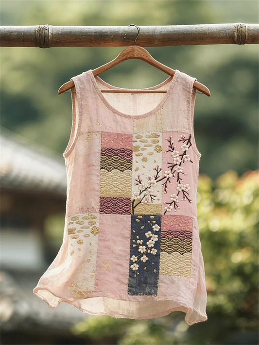 Women's Japanese Art Cherry Blossom Pattern Linen Blend Top