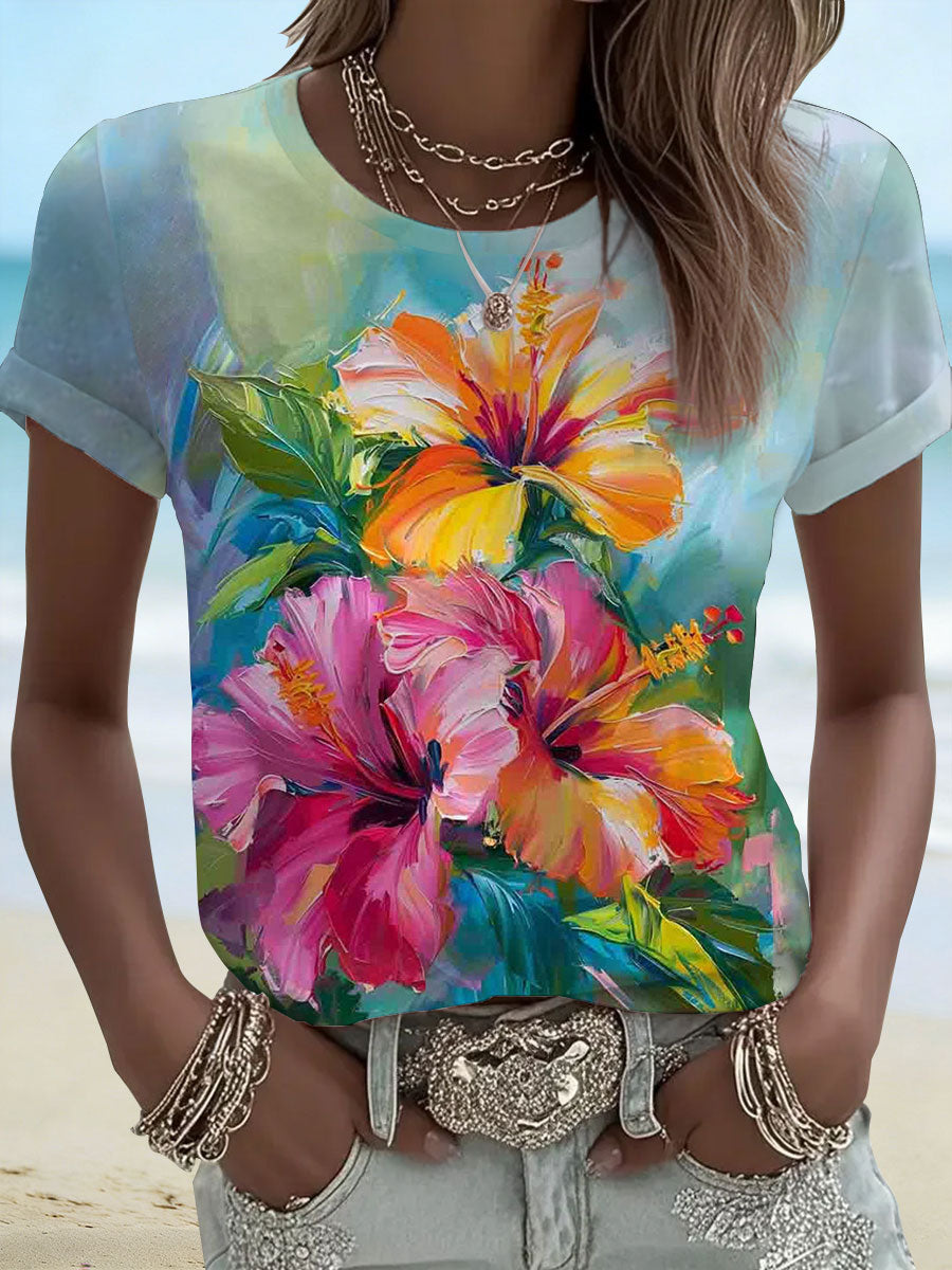 Women's Hibiscus Print Casual T-Shirt