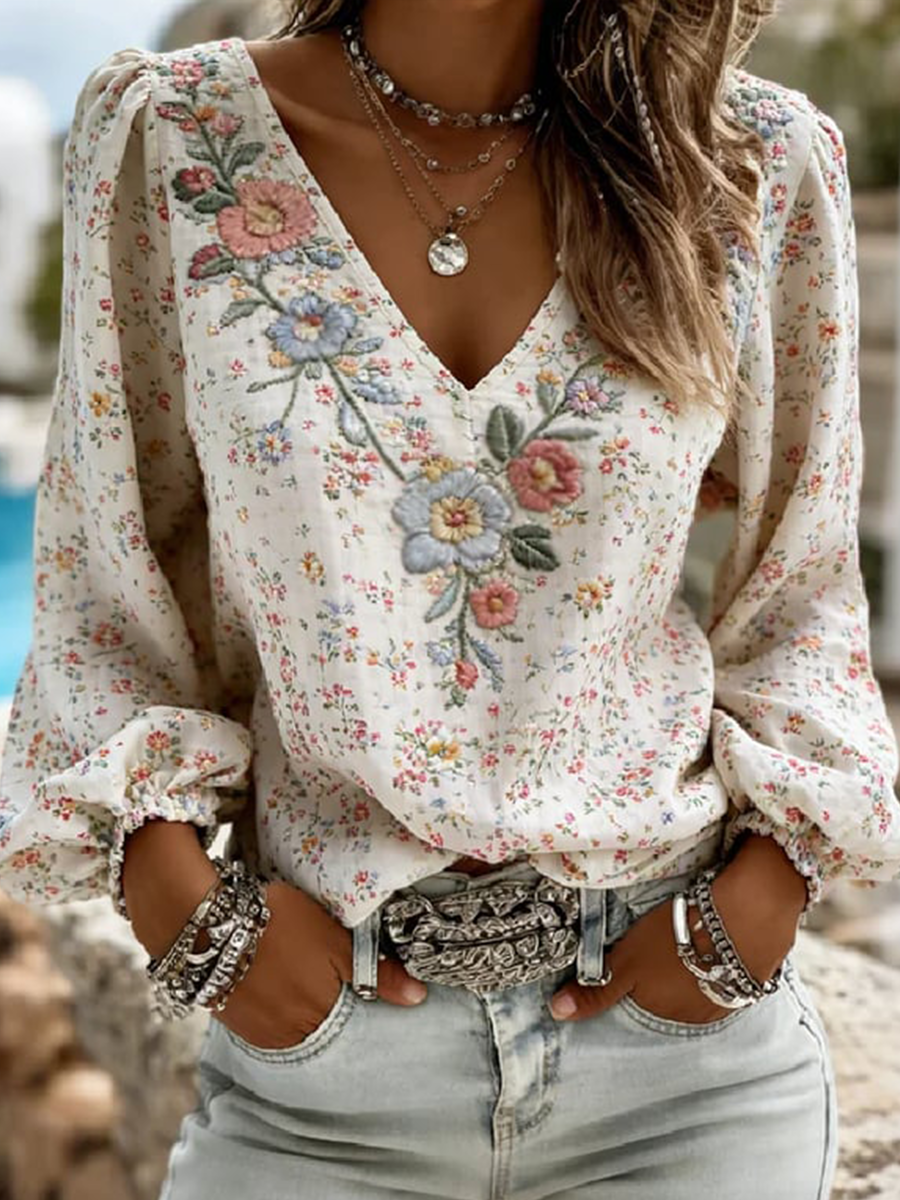 Women's Flowers Cotton And Linen Long Sleeve