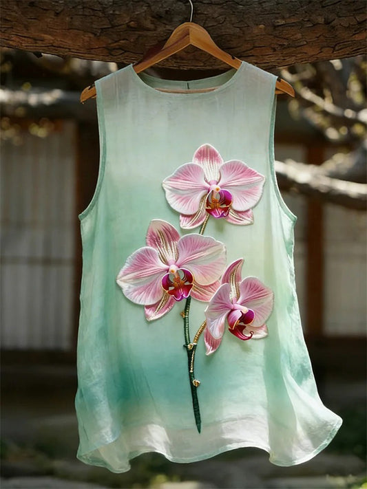 Women's Classy Phalaenopsis Orchid Pattern Cotton Linen Top