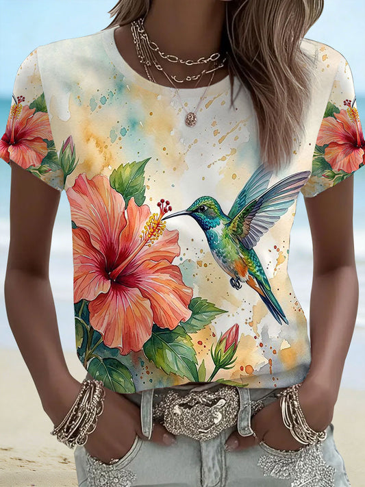 Women's Hibiscus Print Casual T-Shirt