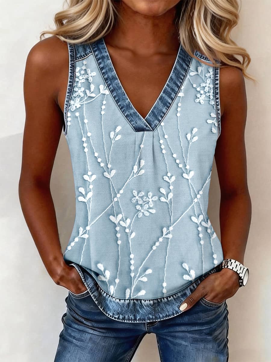 Women's Classy Floral Pattern Denim Patchwork Top