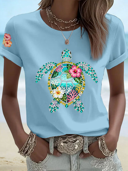 Women's Hibiscus Turtle Print Casual T-Shirt