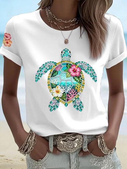Women's Hibiscus Turtle Print Casual T-Shirt