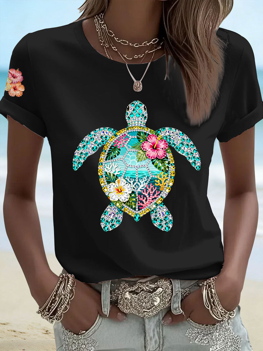 Women's Hibiscus Turtle Print Casual T-Shirt