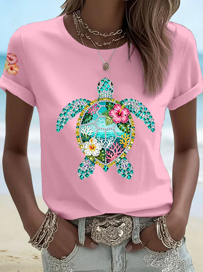 Women's Hibiscus Turtle Print Casual T-Shirt