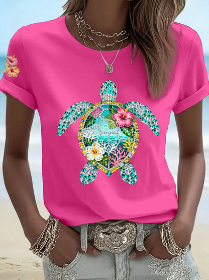 Women's Hibiscus Turtle Print Casual T-Shirt