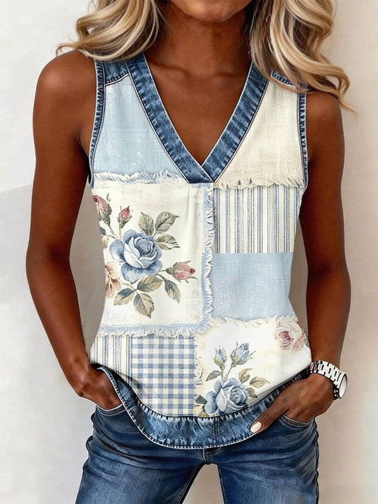 Women's Floral and Striped Pattern Denim Patchwork Top