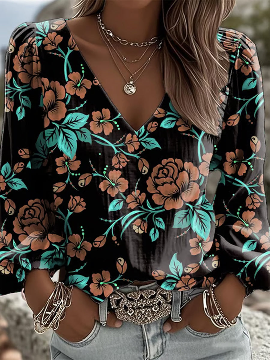 Women's Plants And Flowers Pattern Denim Patchwork Top