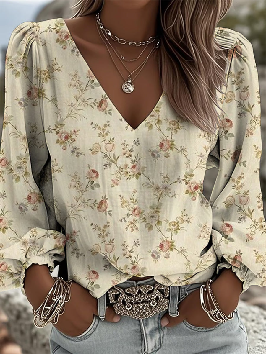 Women's Plants And Flowers Pattern Denim Patchwork Top