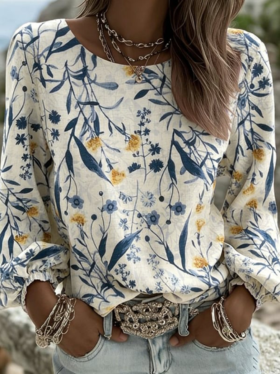 Women's Plant Flower Cotton And Linen Top