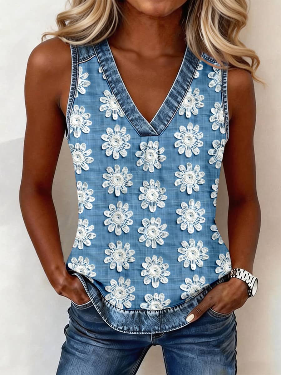 Women's Classy Floral Pattern Denim Patchwork Top