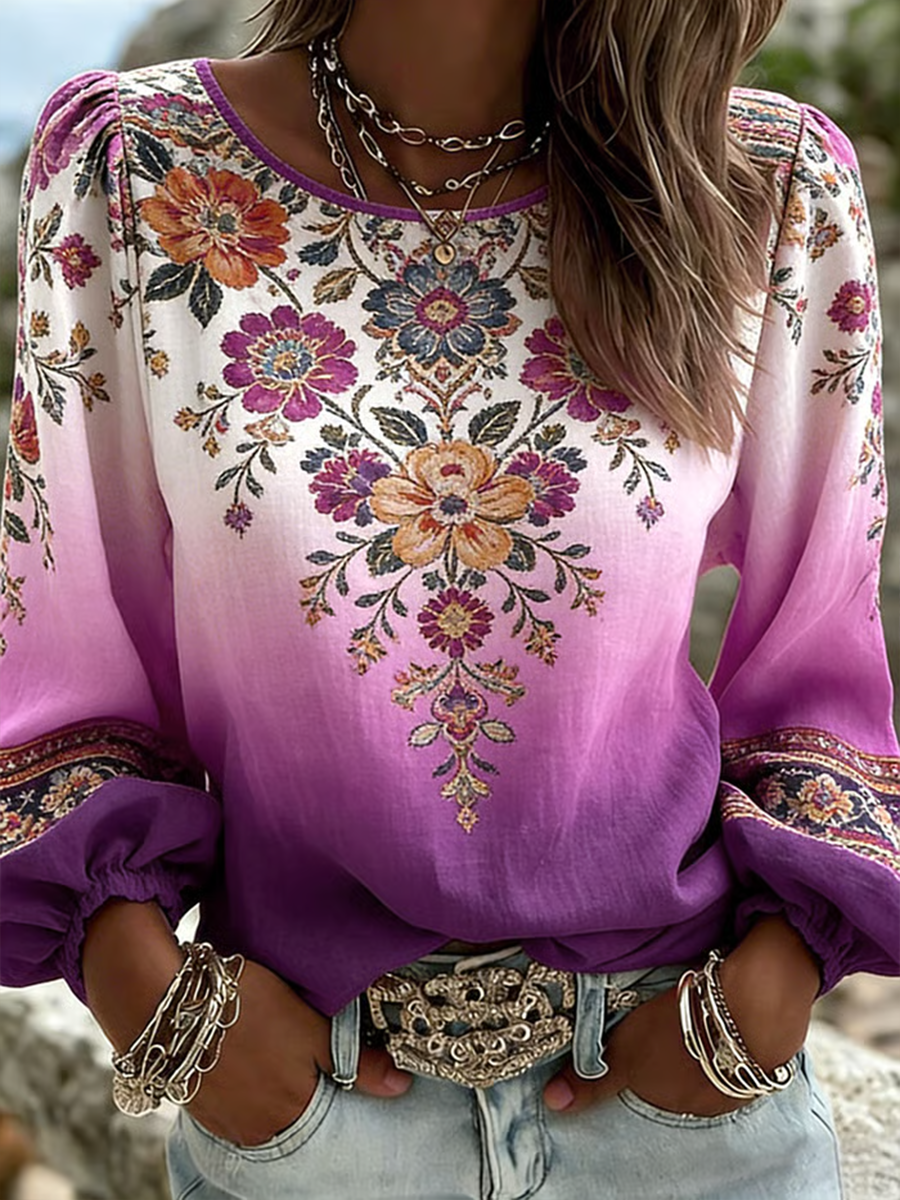 Women's Plant Flower Cotton And Linen Top