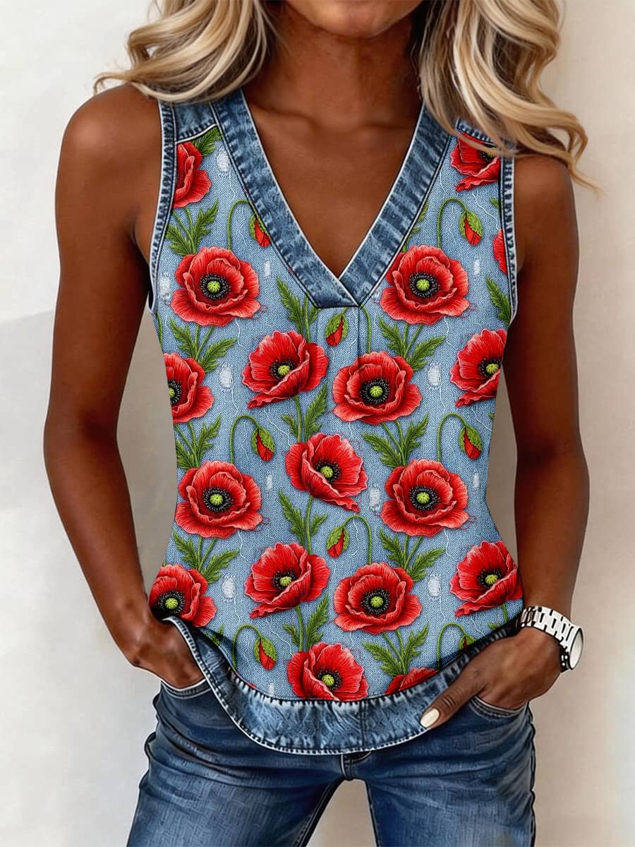 Women's Red Poppy Embroidery Pattern Denim Patchwork Top