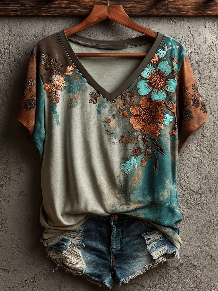 Women's Floral Printed V-neck T-shirt