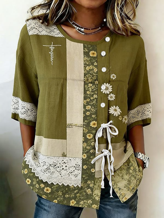 Women's Faith Flower Button Strap Cotton And Linen Shirt