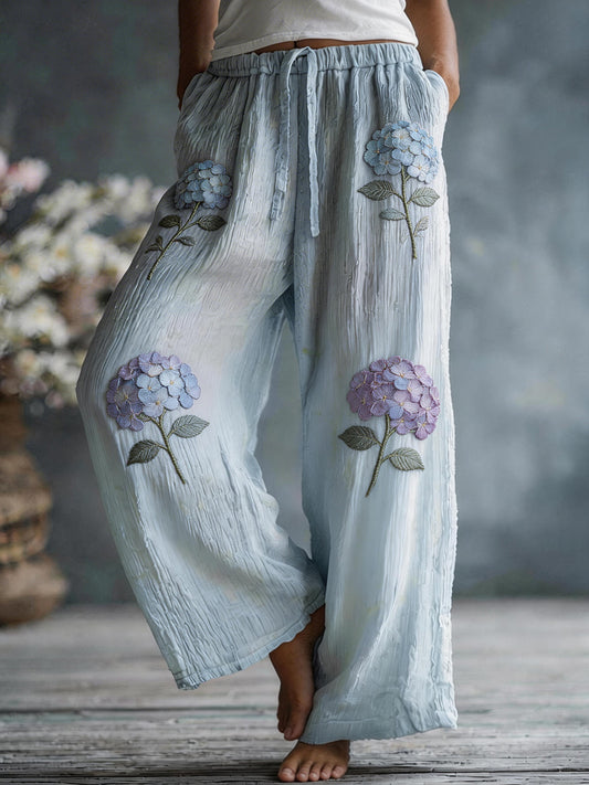 Women's Hydrangea Pattern Linen Blend Pants