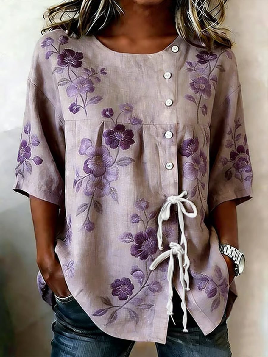 Women's Purple Flora Art Buttoned And Linen Blend Shirt