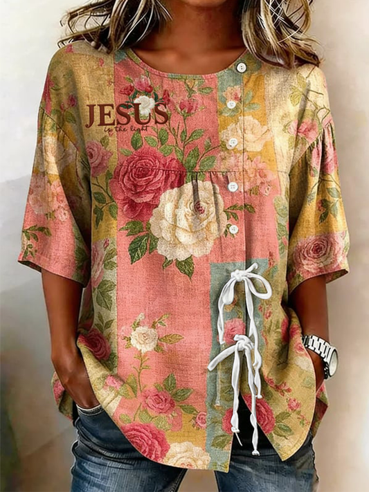 Women's Jesus Is The Light Plant And Flower Buttoned And Laced Cotton And Linen Shirt