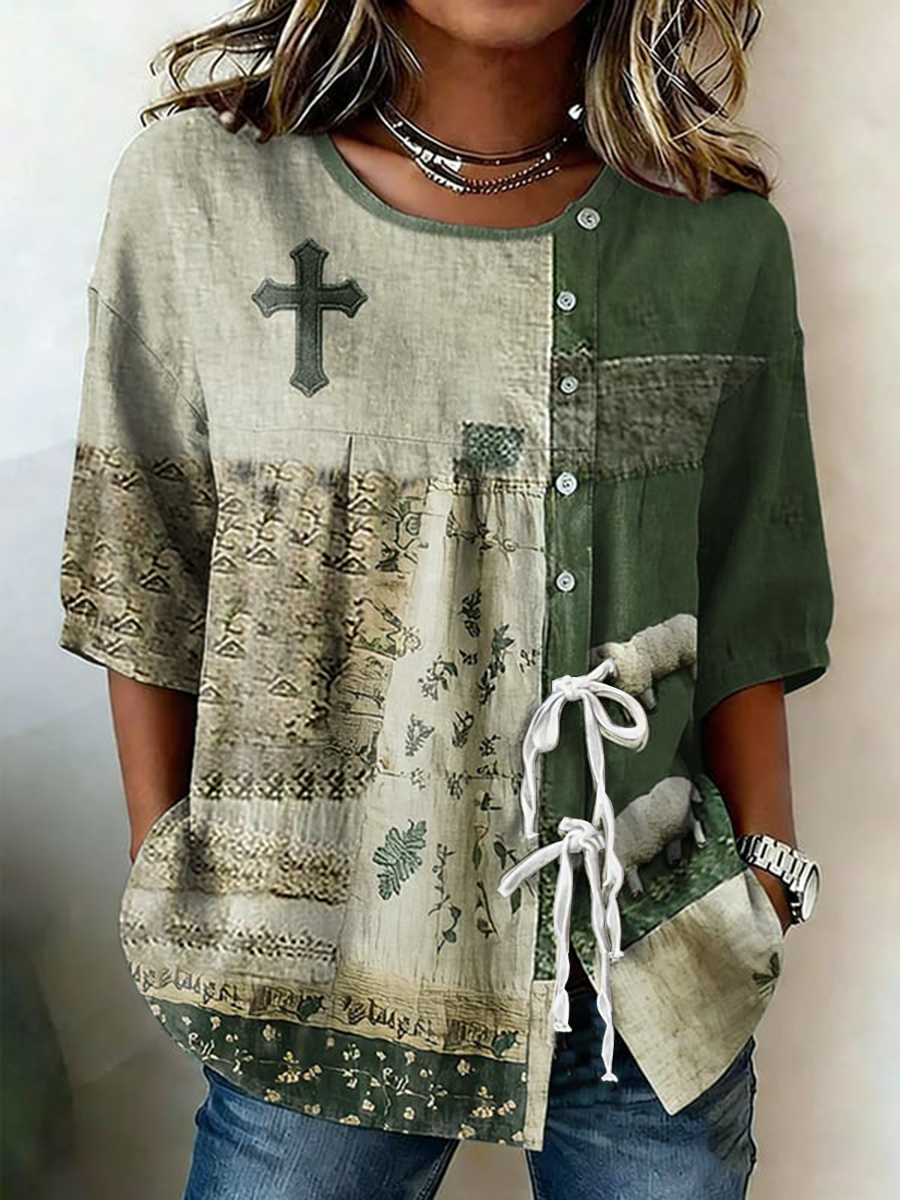 Women's Faith Flower Button Strap Cotton And Linen Shirt