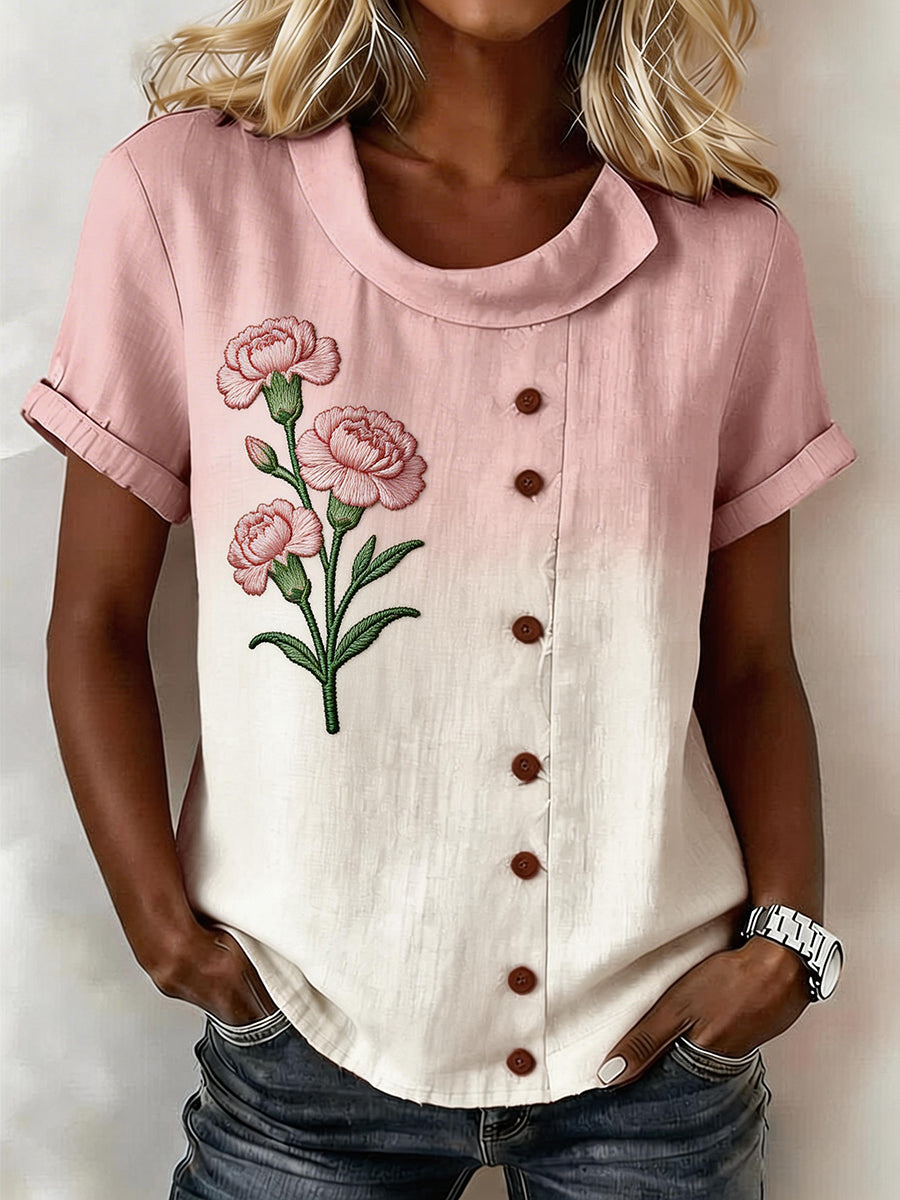 Women's Pink Carnation Floral Pattern Linen Blend Shirt