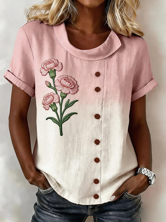 Women's Pink Carnation Floral Pattern Linen Blend Shirt