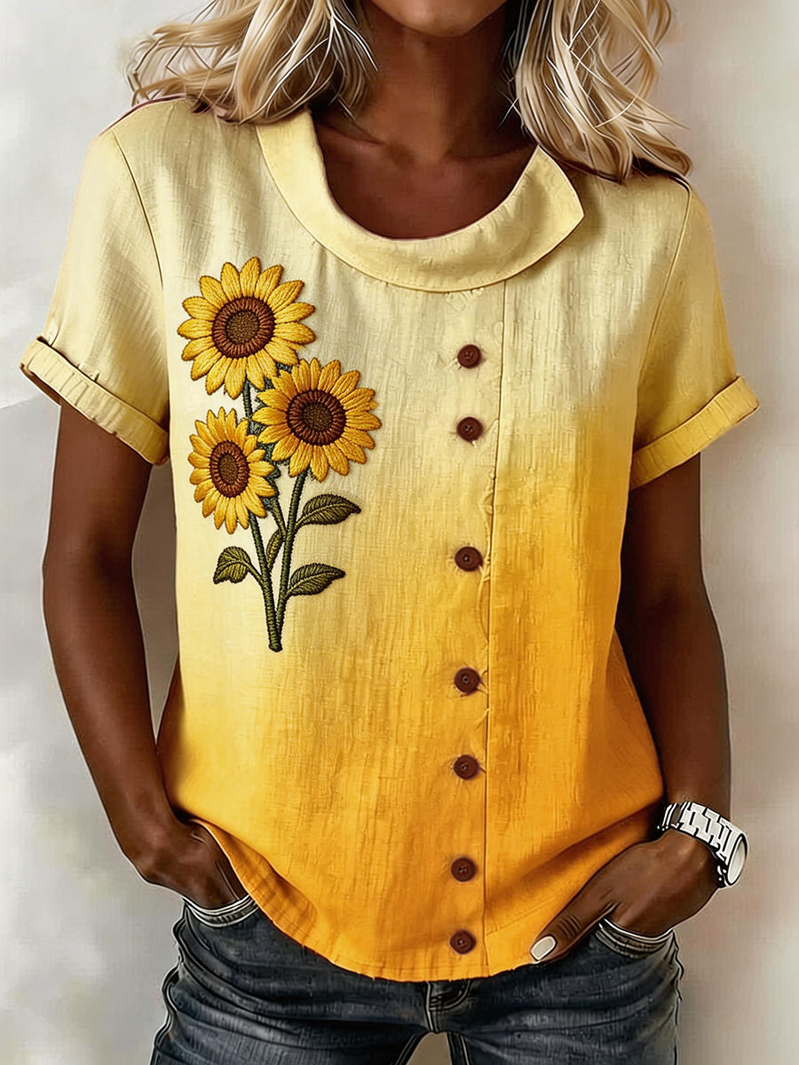Women's Sunflower Pattern Linen Blend Shirt