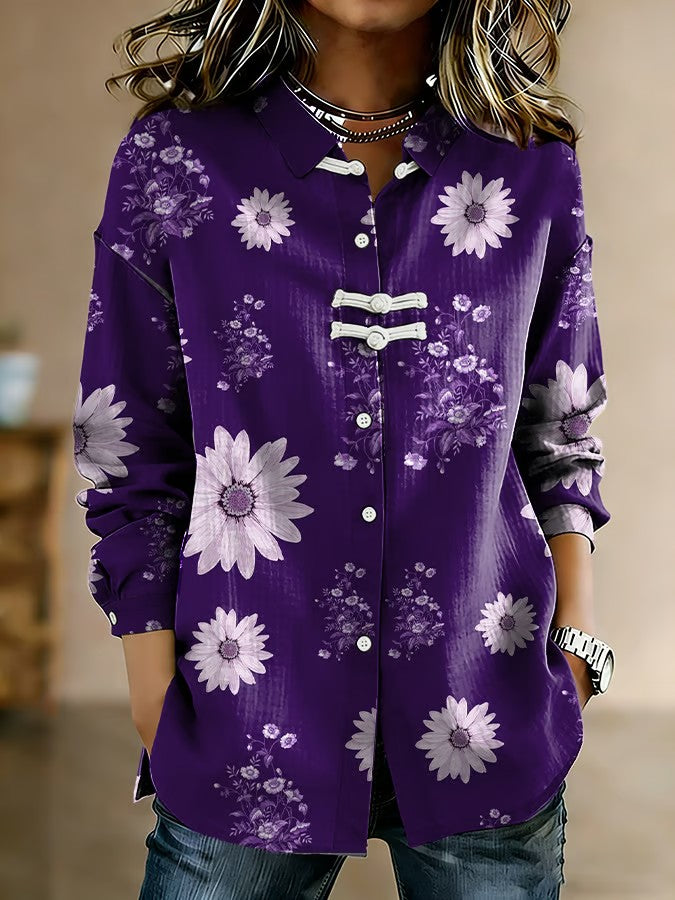 Women's Casual Purple Cotton-Linen Shirt