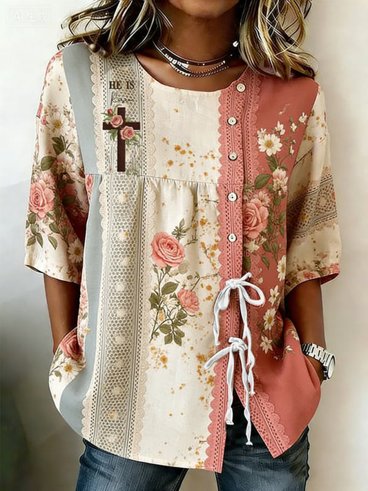 Women's Faith Flower Button Strap Cotton And Linen Shirt