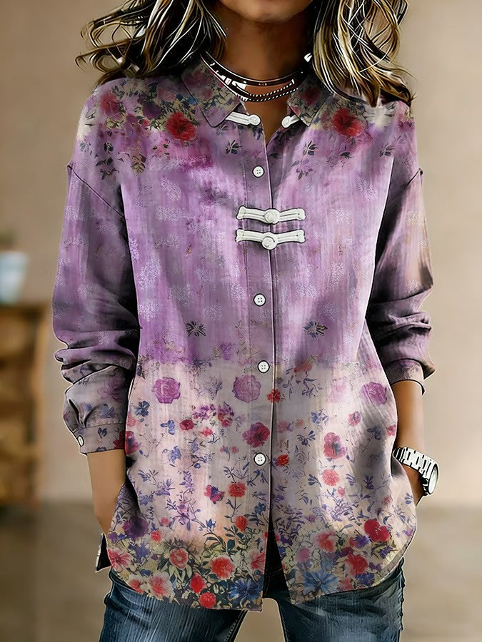 Women's Casual Purple Cotton-Linen Shirt