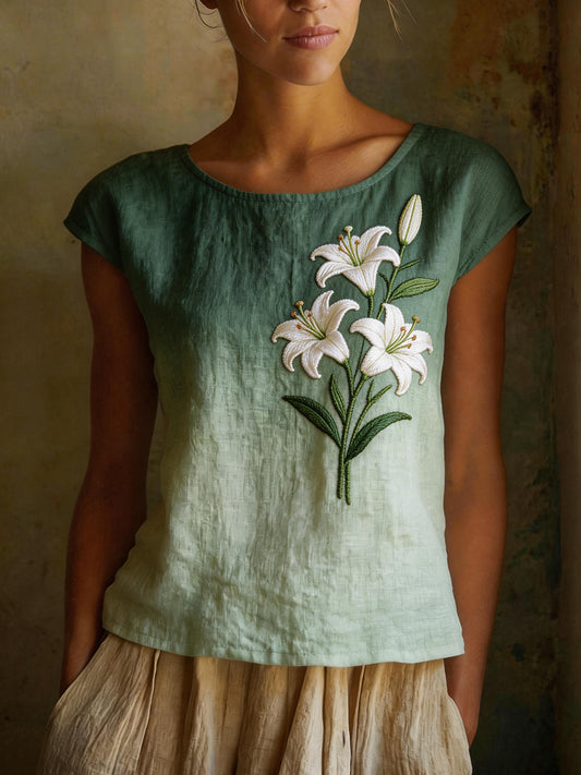 Women's Elegant Lily Floral Pattern Linen Blend Shirt