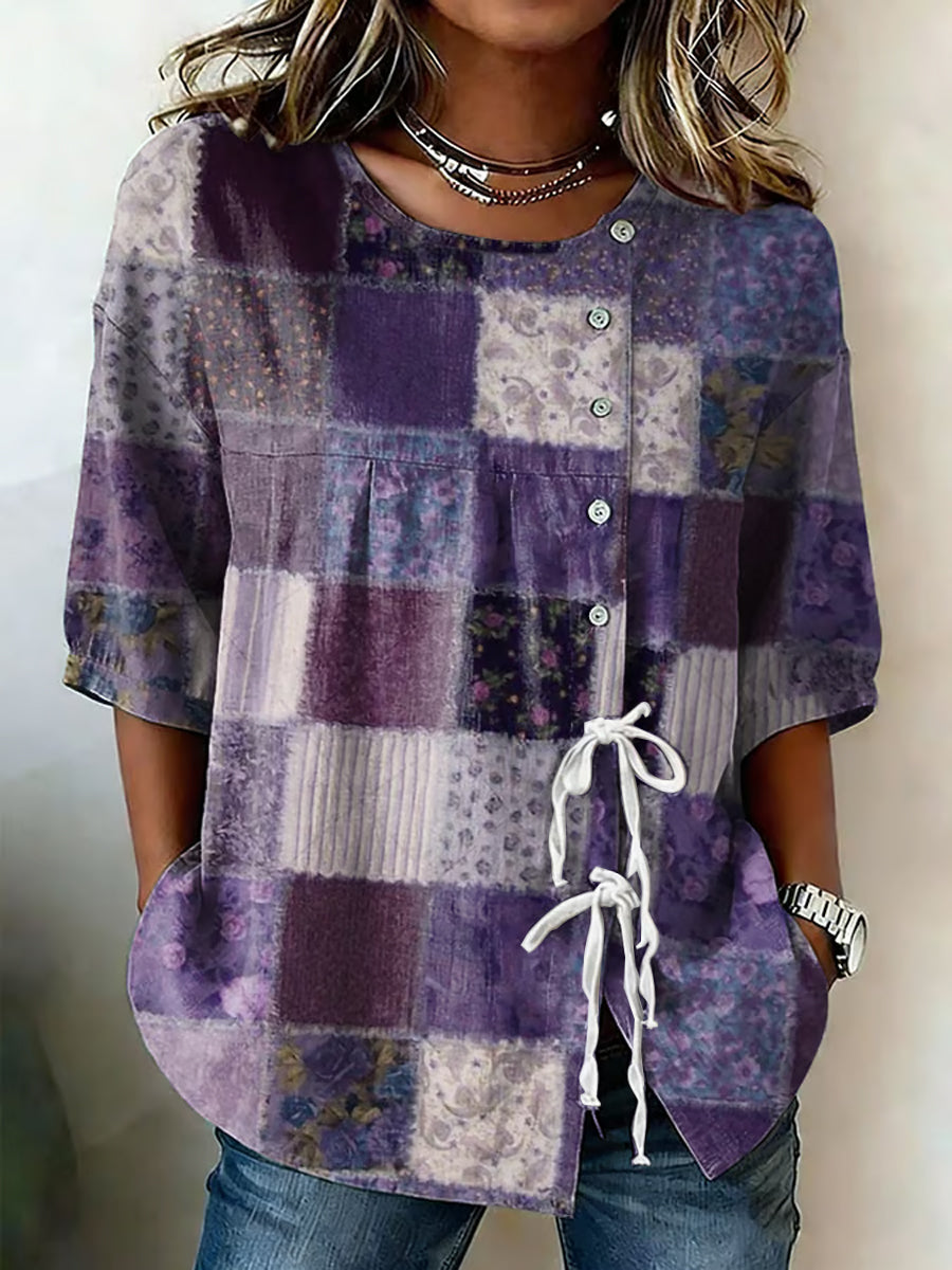 Women's Purple Flora Art Buttoned And Linen Blend Shirt
