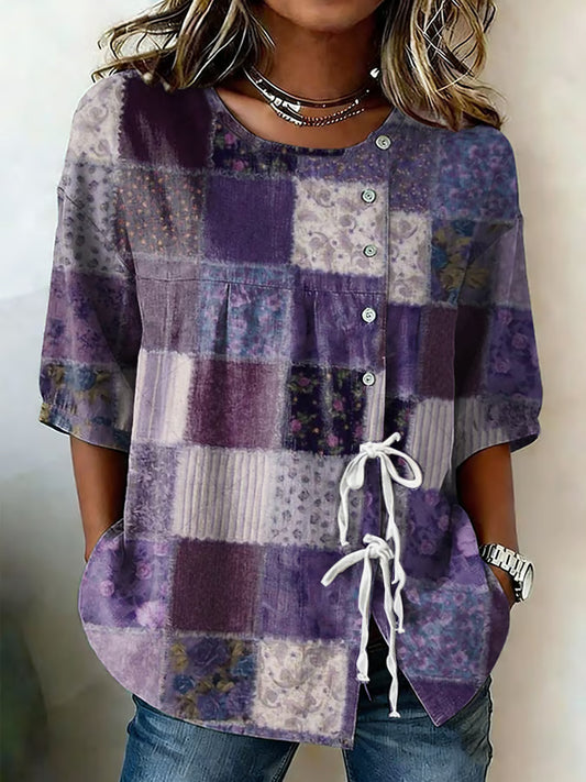 Women's Purple Flora Art Buttoned And Linen Blend Shirt