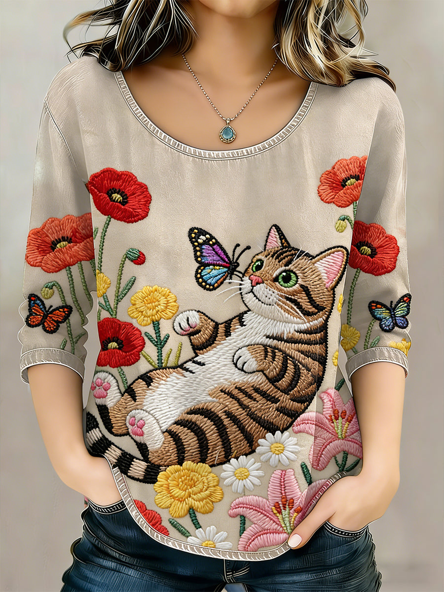 Women's Amusing Cat-Themed Flowers Print Linen  T-shirt