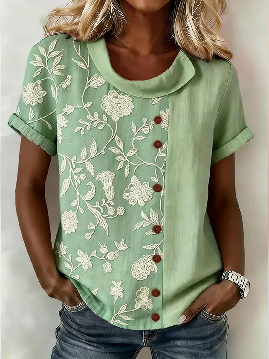 Women's Elegant Floral Pattern Linen Blend Shirt