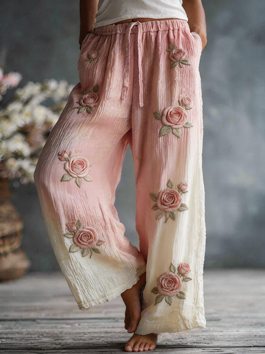 Women's Pink Rose Floral Pattern Linen Blend Pants