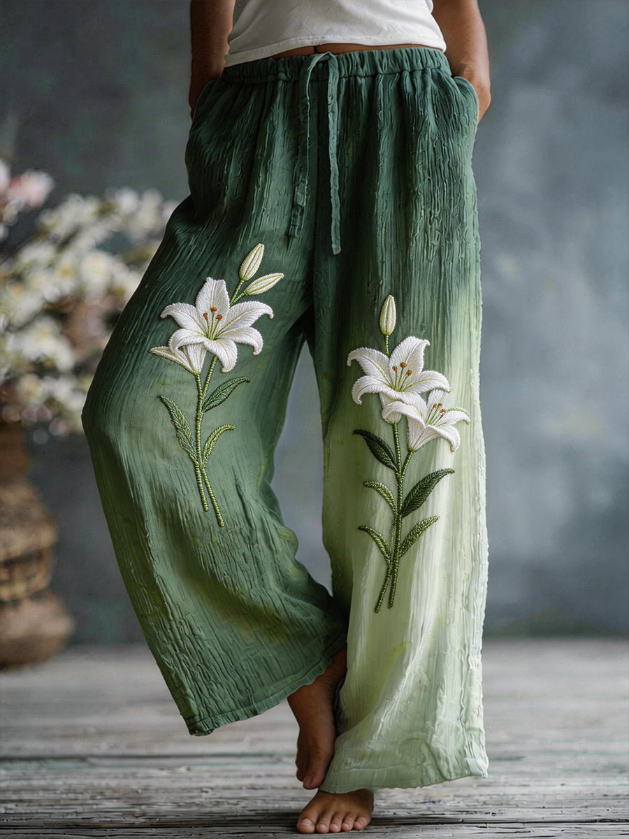 Women's Blooming Lily Pattern Linen Blend Pants