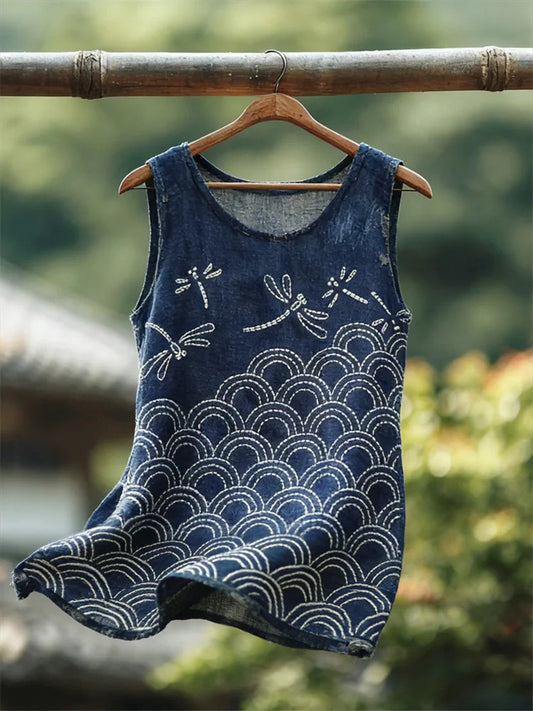 Women's Dragonfly and Wave Pattern Cotton Linen Top