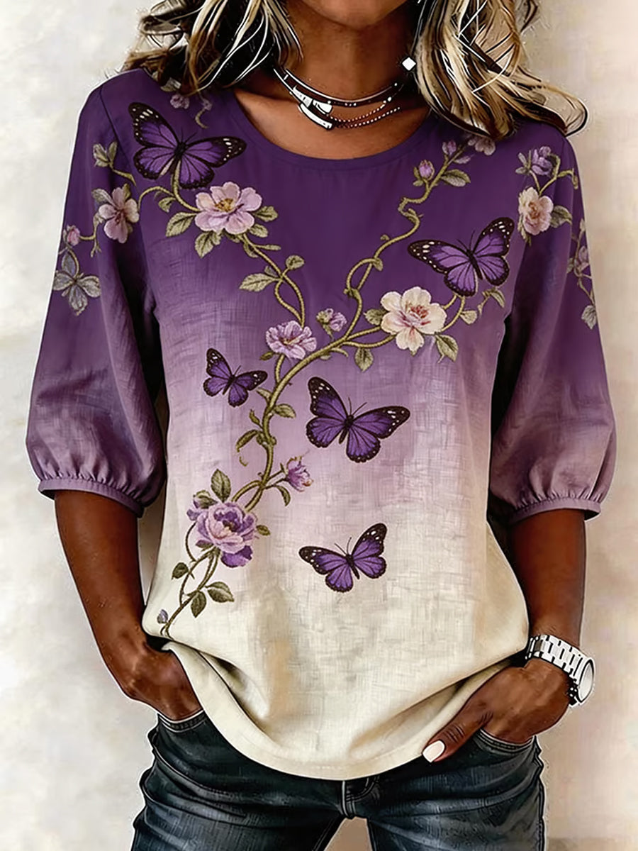Women's Purple Floral Print  Alzheimer's Awareness Support Half-Sleeve Shirt