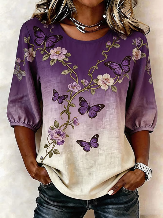 Women's Purple Floral Print  Alzheimer's Awareness Support Half-Sleeve Shirt