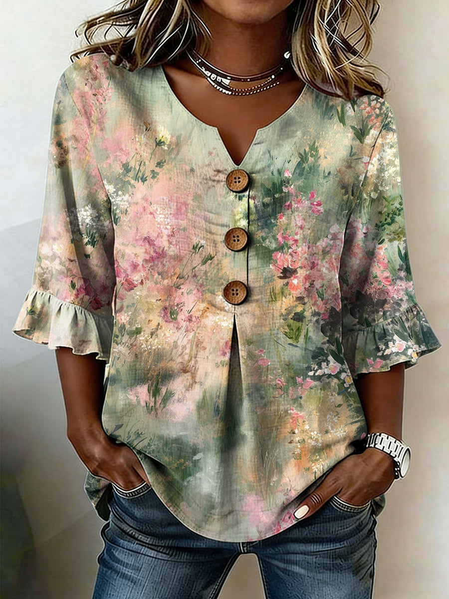 Women's Floral Art Linen Shirt