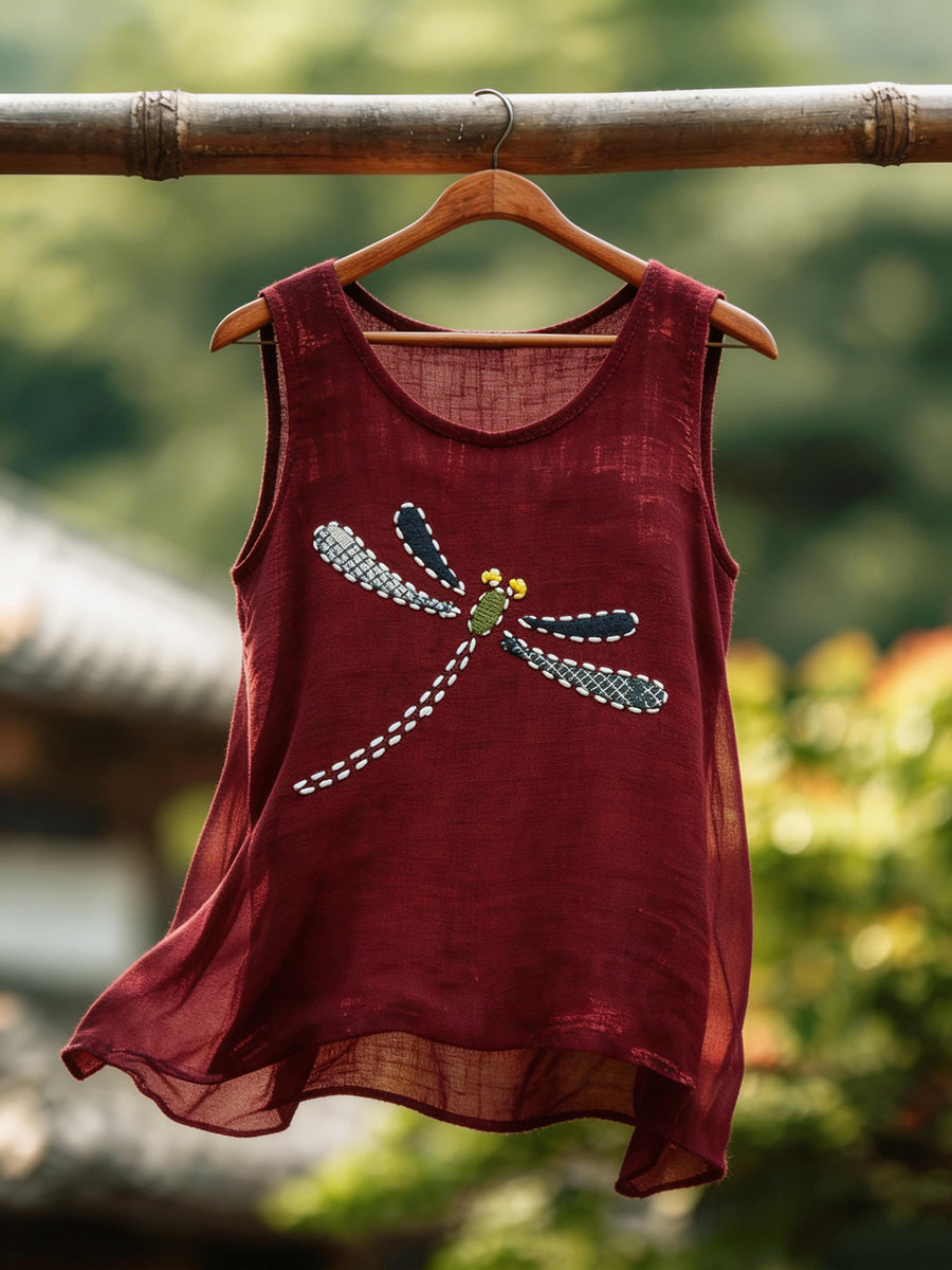 Women's Japanese Art Dragonfly Pattern Cotton Linen Top