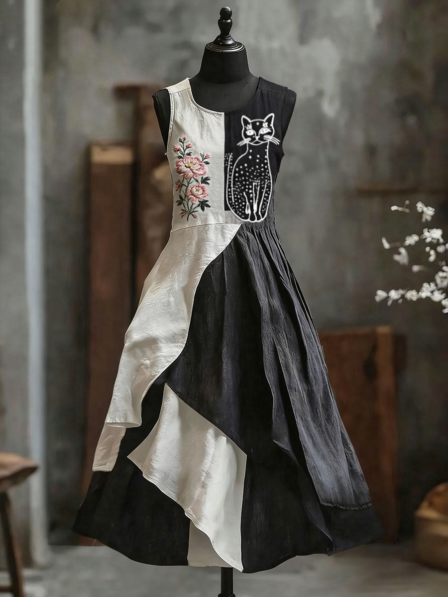 Women's Cat Floral Patchwork Dress