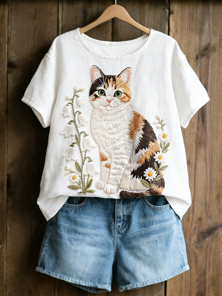 Women's Amusing Cat-Themed Flowers Print Linen Short Sleeves T-shirt