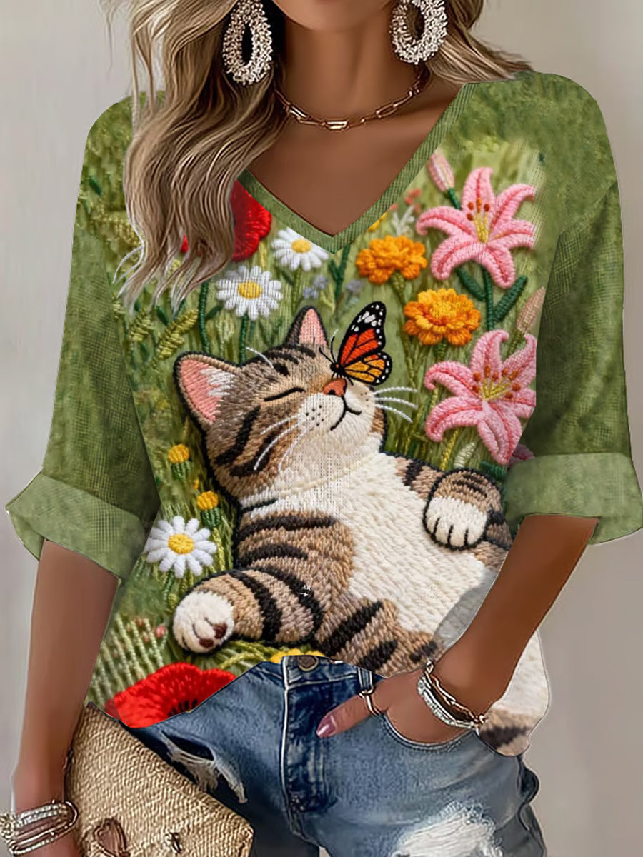 Women's Amusing Cat-Themed Flowers Print  Waffle T-shirt