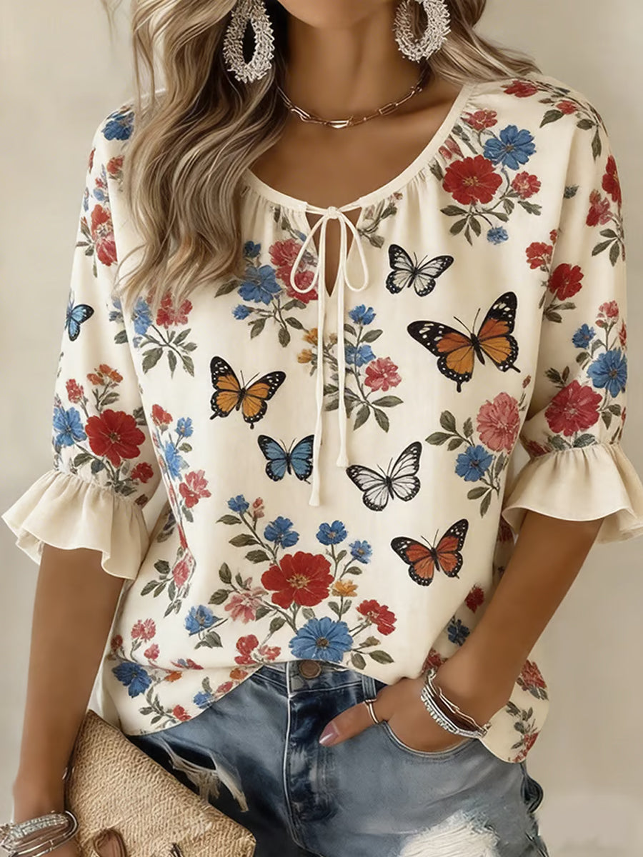 Women's Casual Elegant Butterflies Print Casual Half-Sleeve Shirt